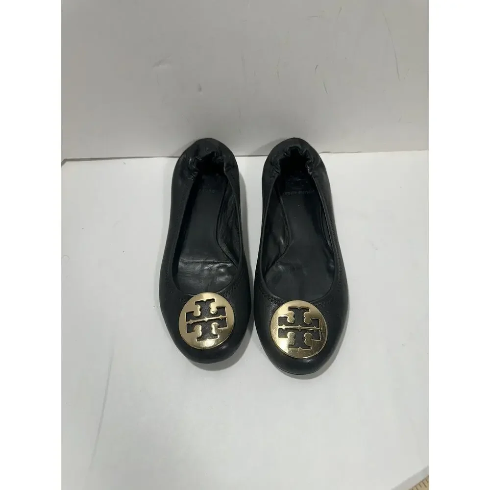 TORY BURCH Reva Ballet Flats Black Gold Medallion Logo‎ Sz 7.5 See Pictures